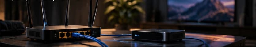 Illustration of a stable home network with a router, Wi-Fi and ethernet carrying a steady, even flow of data packets