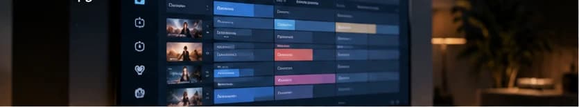 Illustration of an electronic programme guide as a layered schedule grid of abstract programme blocks beside a television