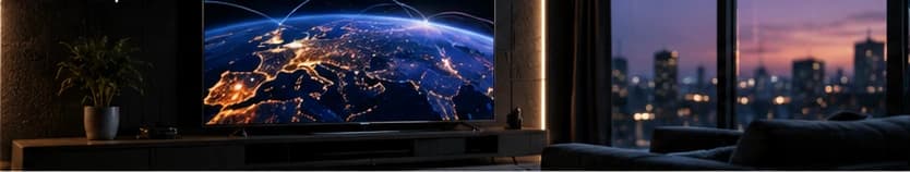 Illustration of television content travelling as organised data packets through an IP network toward connected screens